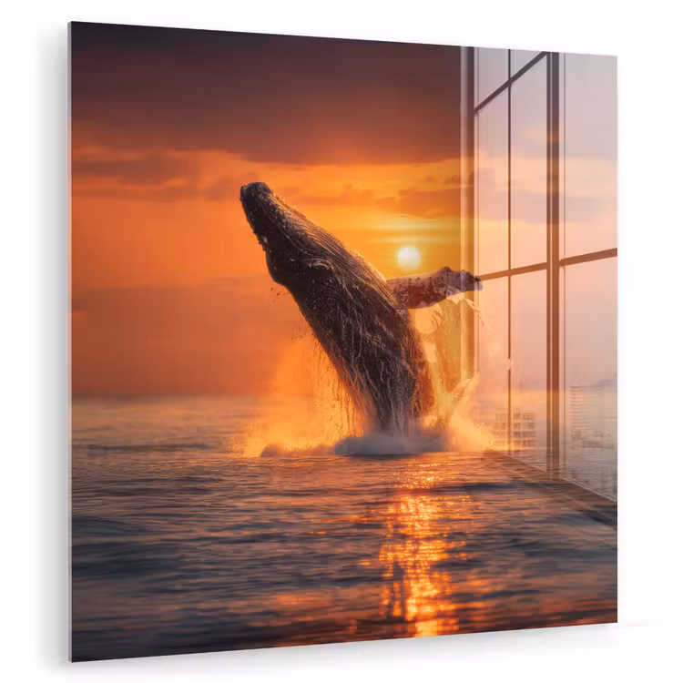Glas schilderij - Bultrug Springt bij Zonsondergang
