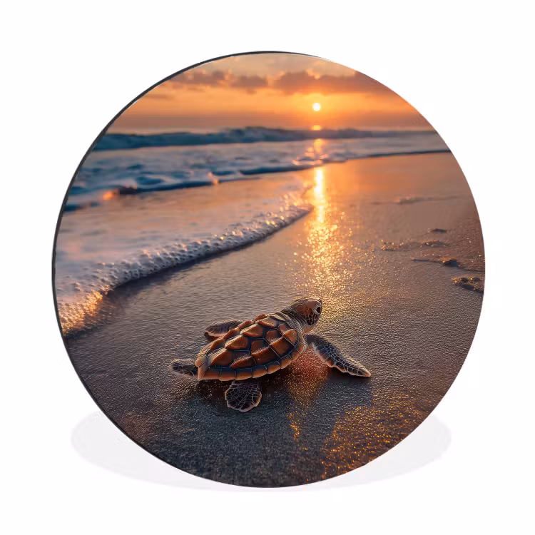 Wandcirkel - Aluminium - Babyschildpad op Strand Zonsondergang