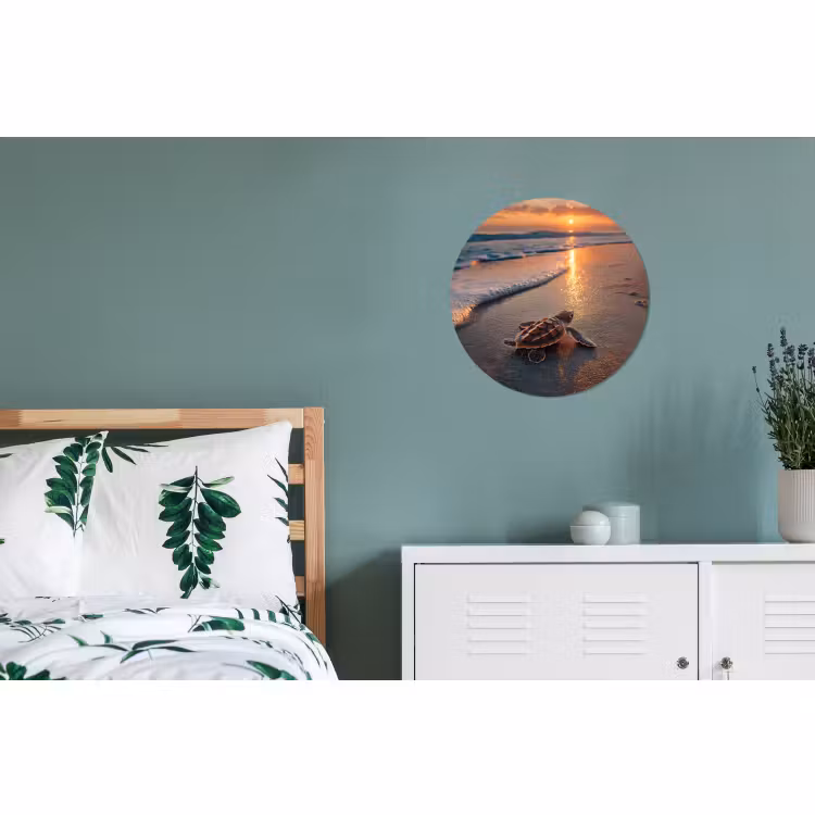 Wandcirkel - Aluminium - Babyschildpad op Strand Zonsondergang — 4