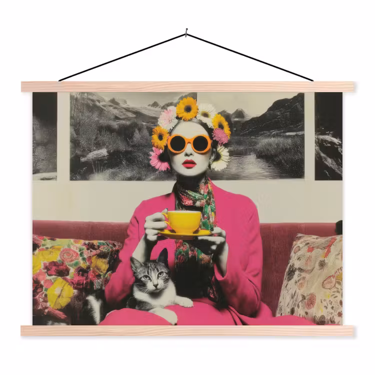 Schoolplaat - Vrouw - Kat - Bloemen - Kopje - Retro — 1
