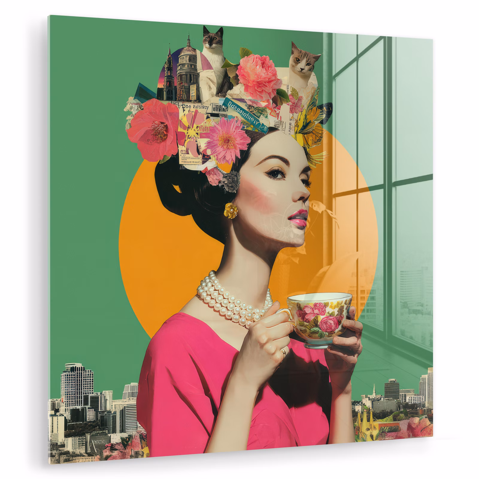 Glas schilderij - Vrouw met Theekopje Collage — 1