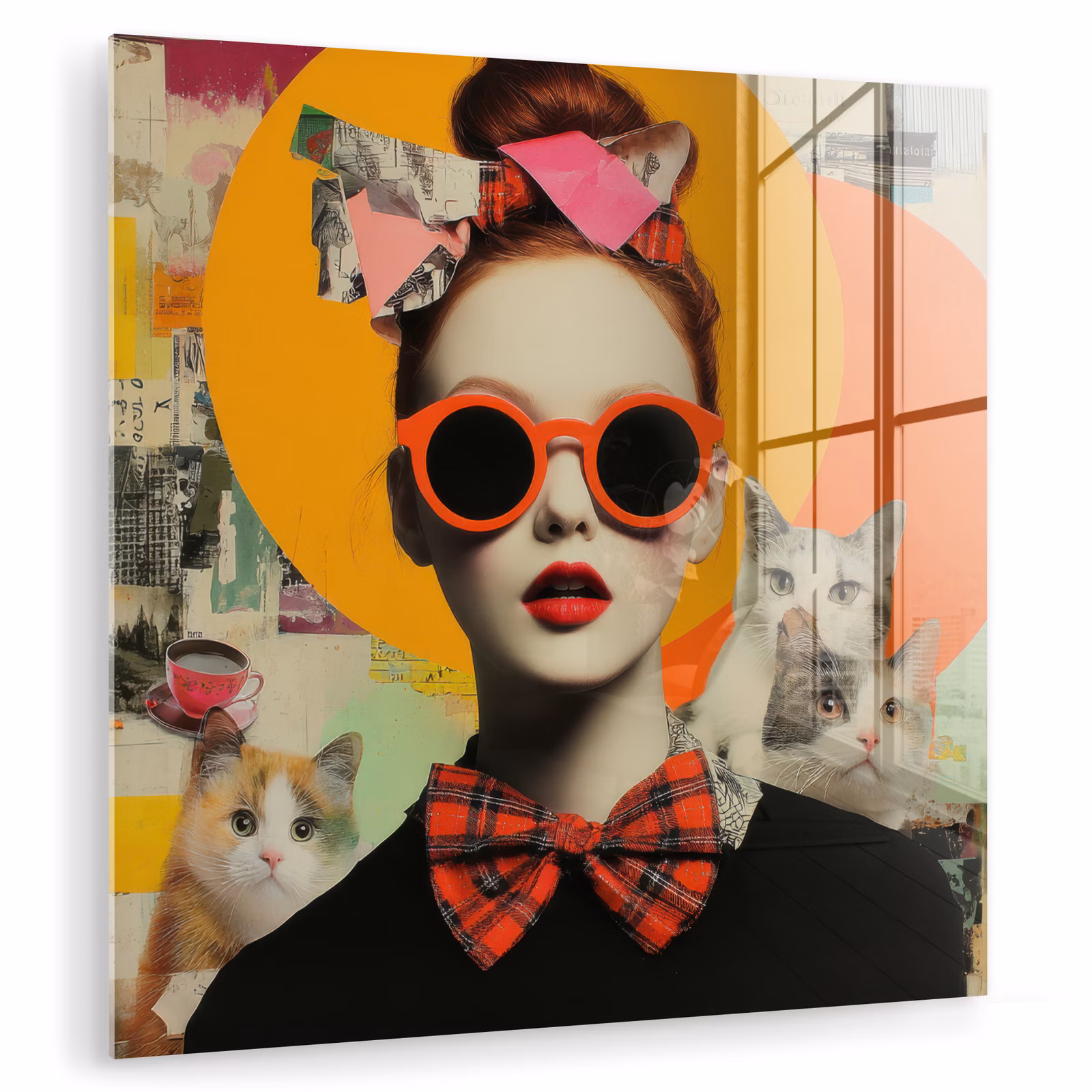 Glas schilderij - Vrouw met Katten Collage — 1