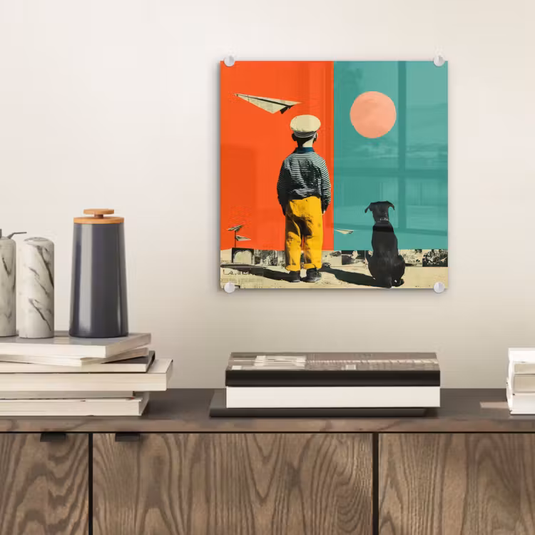 Glas schilderij - Jongen met Hond Papieren Vliegtuigjes Collage — 2