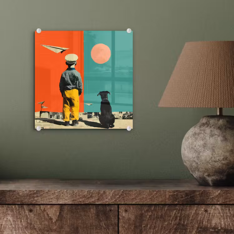 Glas schilderij - Jongen met Hond Papieren Vliegtuigjes Collage — 4