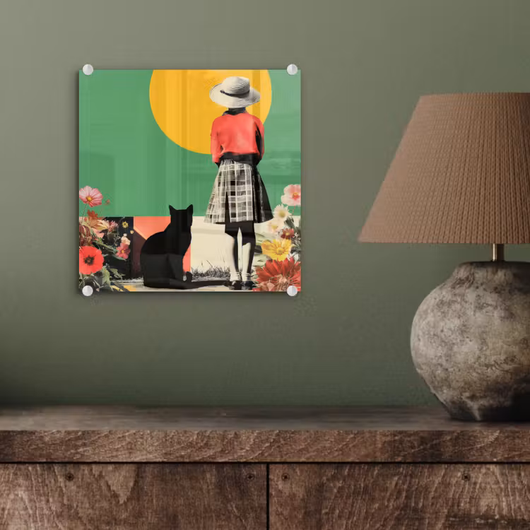 Glas schilderij - Meisje met Zwarte Kat Collage — 4