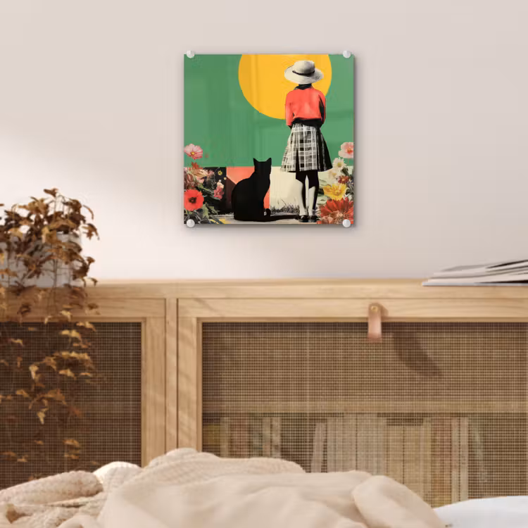 Glas schilderij - Meisje met Zwarte Kat Collage — 5
