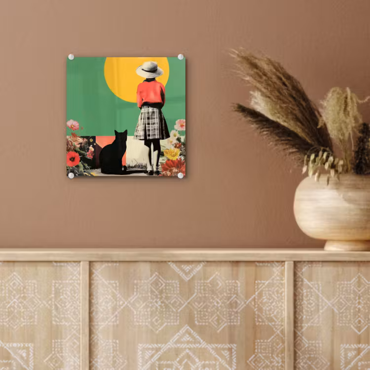 Glas schilderij - Meisje met Zwarte Kat Collage — 6