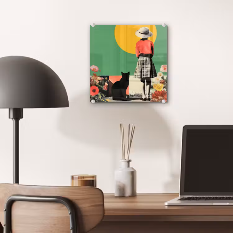 Glas schilderij - Meisje met Zwarte Kat Collage — 7