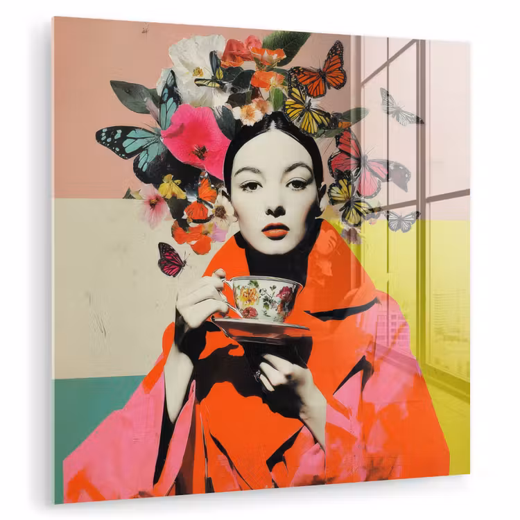 Glas schilderij - Vrouw met Vlinders en Bloemen Collage