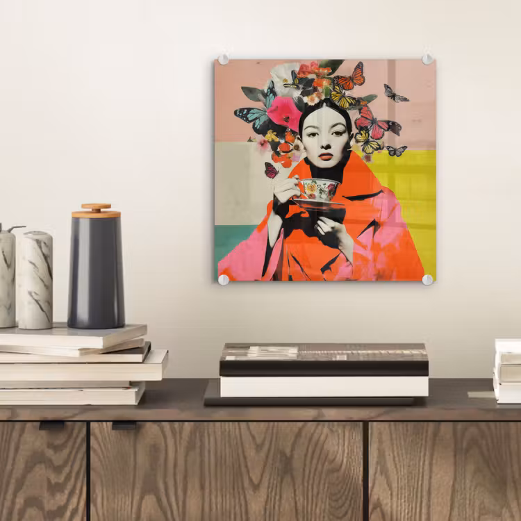 Glas schilderij - Vrouw met Vlinders en Bloemen Collage — 2