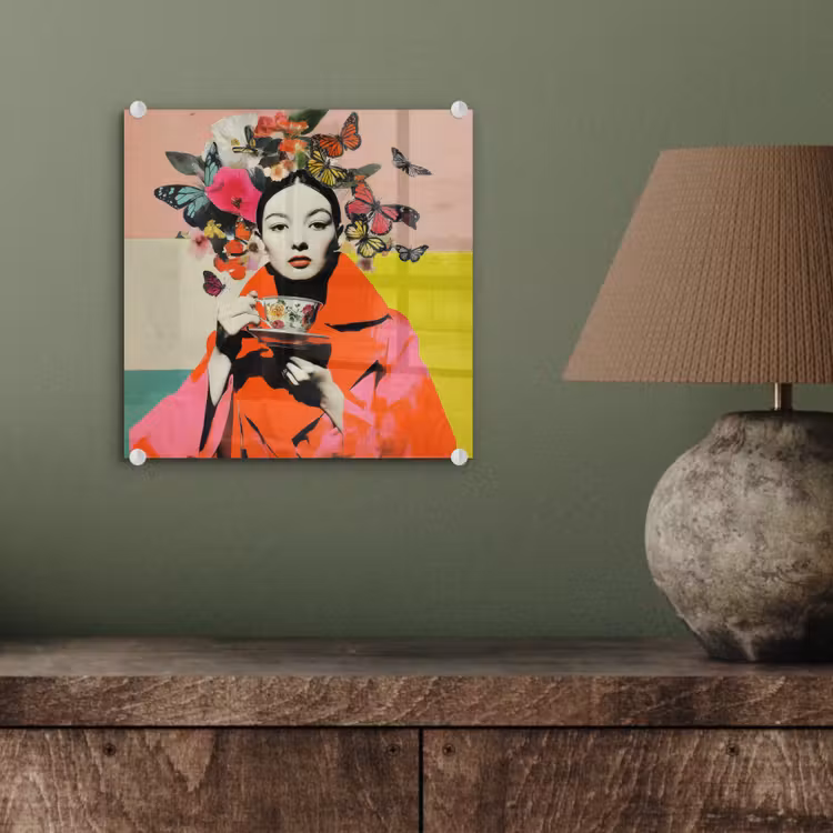 Glas schilderij - Vrouw met Vlinders en Bloemen Collage — 4