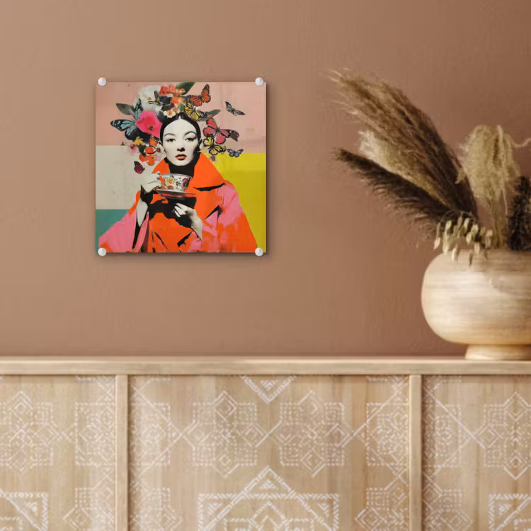 Glas schilderij - Vrouw met Vlinders en Bloemen Collage — 6