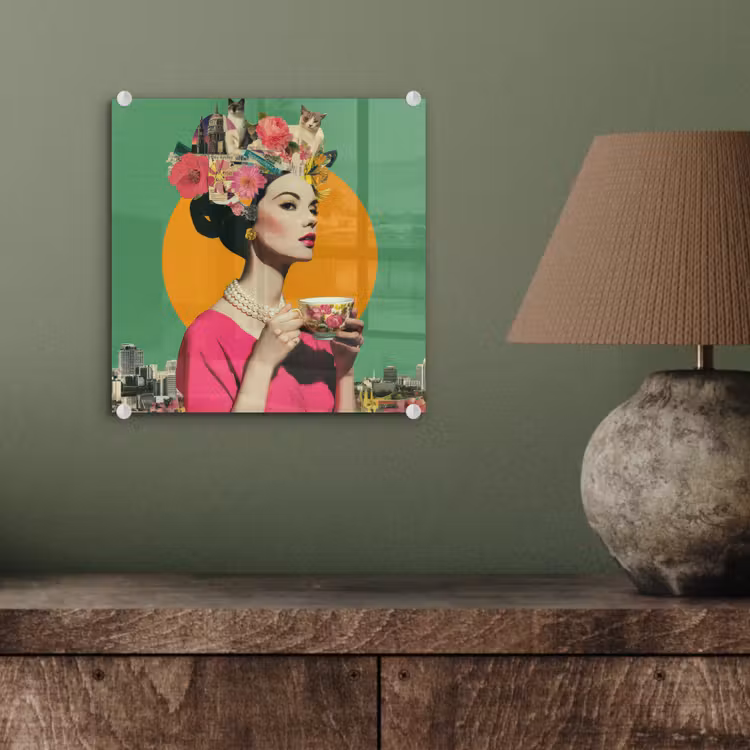 Glas schilderij - Vrouw met Theekopje Collage — 4