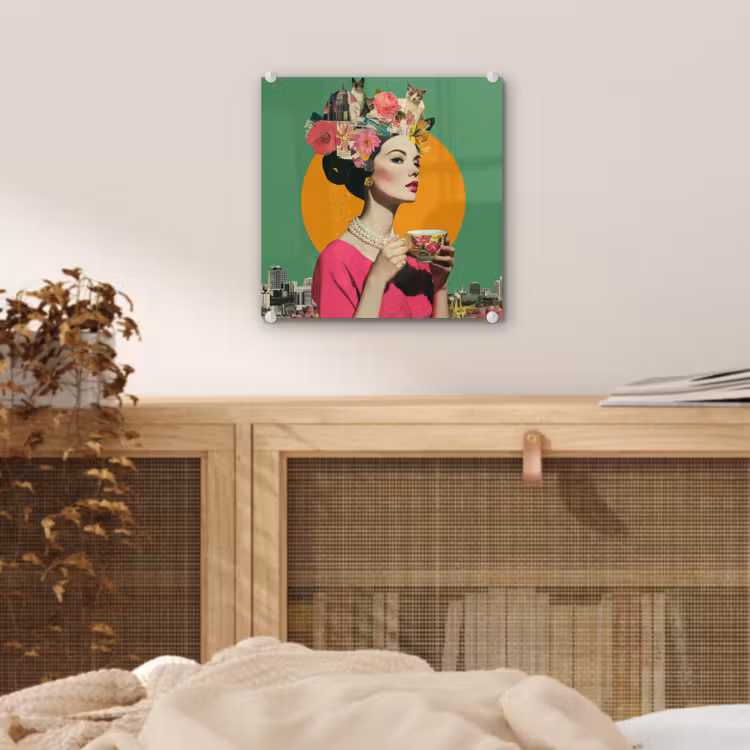 Glas schilderij - Vrouw met Theekopje Collage — 5