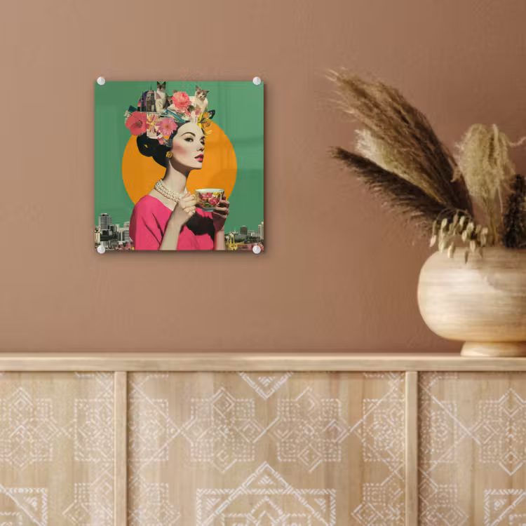 Glas schilderij - Vrouw met Theekopje Collage — 6