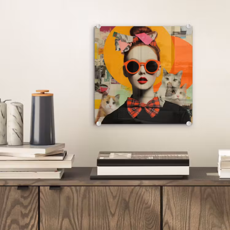 Glas schilderij - Vrouw met Katten Collage — 2