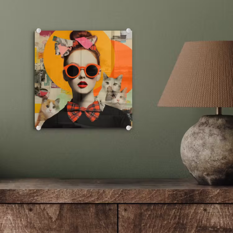 Glas schilderij - Vrouw met Katten Collage — 4