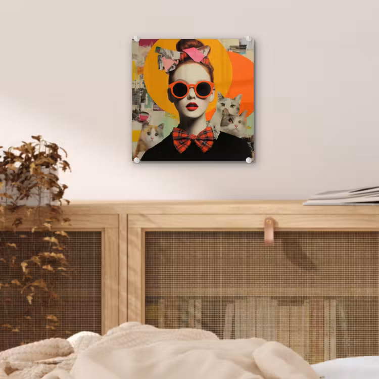 Glas schilderij - Vrouw met Katten Collage — 5