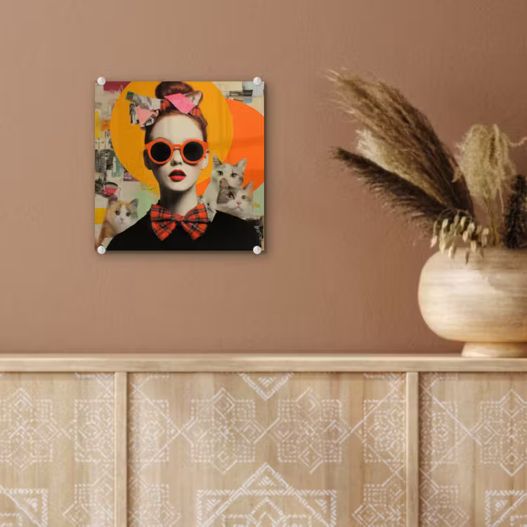 Glas schilderij - Vrouw met Katten Collage — 6
