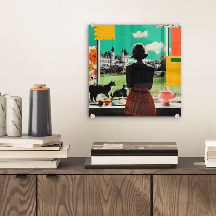 Glas schilderij - Vrouw met Katten Kasteel Collage — 2