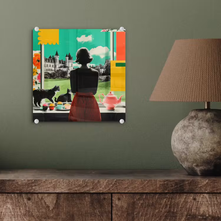 Glas schilderij - Vrouw met Katten Kasteel Collage — 4
