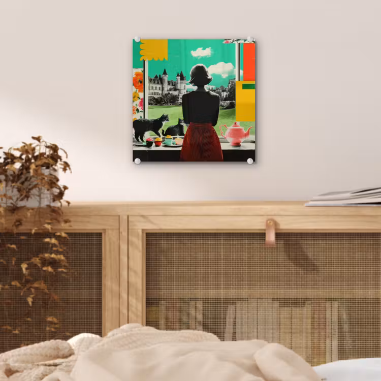 Glas schilderij - Vrouw met Katten Kasteel Collage — 5
