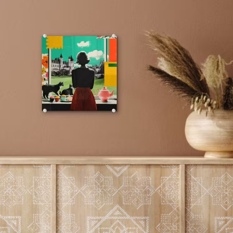 Glas schilderij - Vrouw met Katten Kasteel Collage — 6