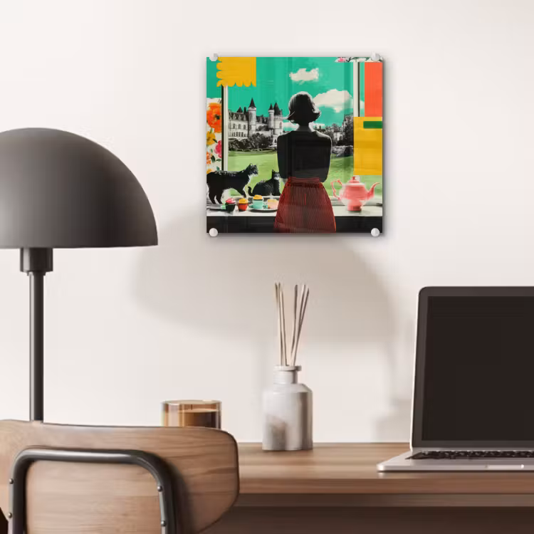 Glas schilderij - Vrouw met Katten Kasteel Collage — 7