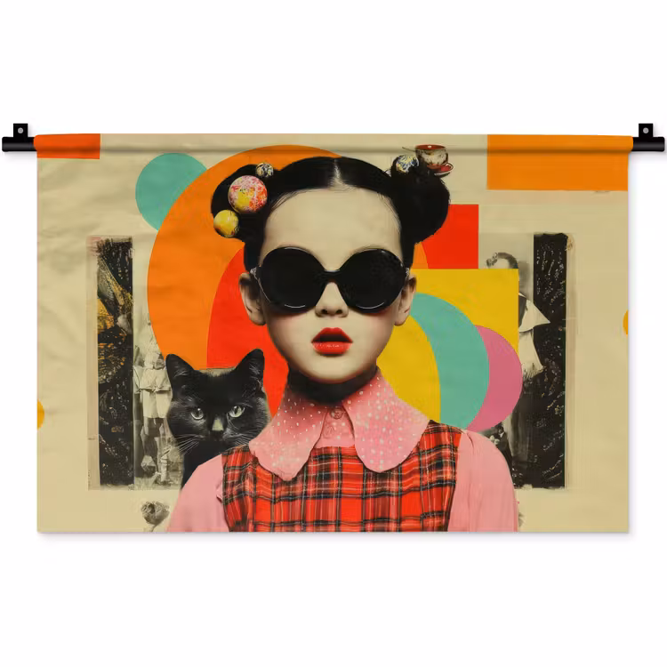 Wandkleed - Meisje - Zonnebril - Kat - Retro — 1