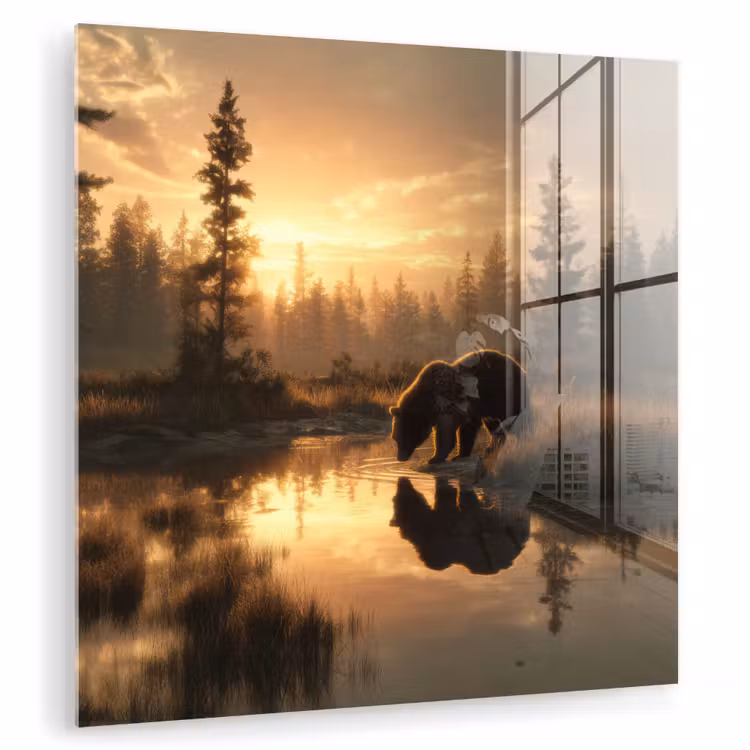 Glas schilderij - Beer bij Meer Zonsopgang