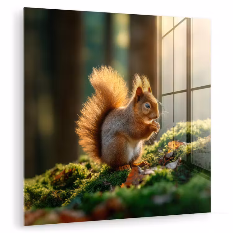 Glas schilderij - Eekhoorn op Mos in Bos