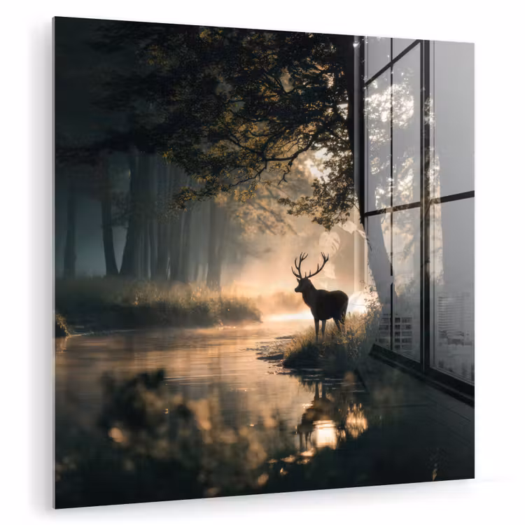Glas schilderij - Hert in Bos bij Rivier — 1
