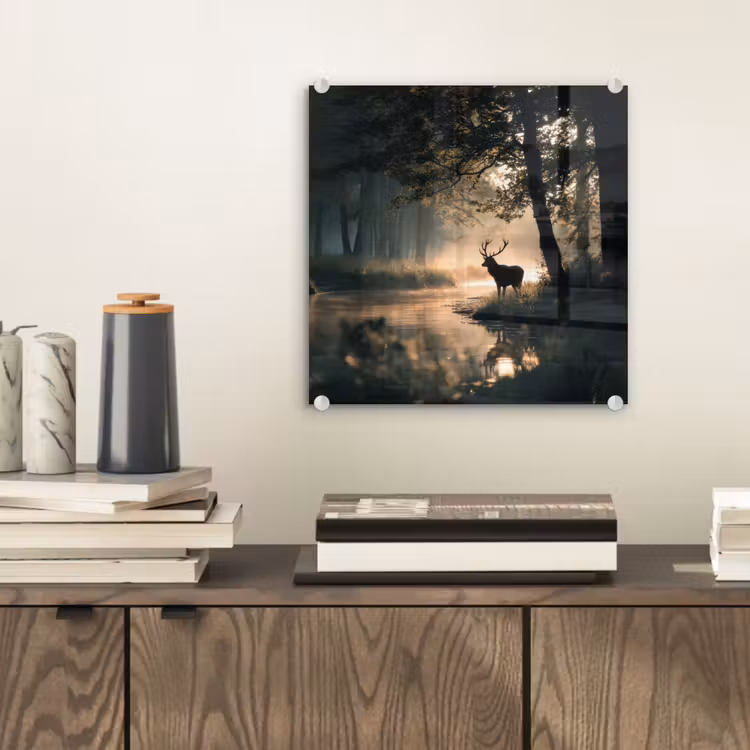 Glas schilderij - Hert in Bos bij Rivier — 2