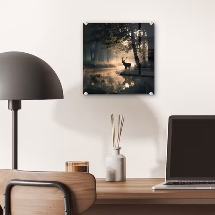 Glas schilderij - Hert in Bos bij Rivier — 7