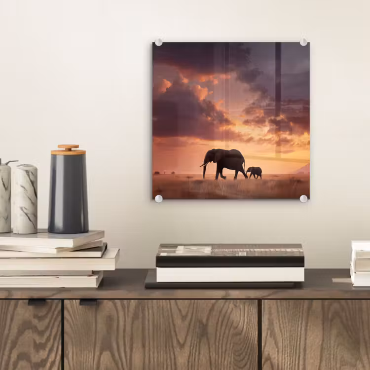 Glas schilderij - Olifanten - Grasland - Zonsondergang — 2