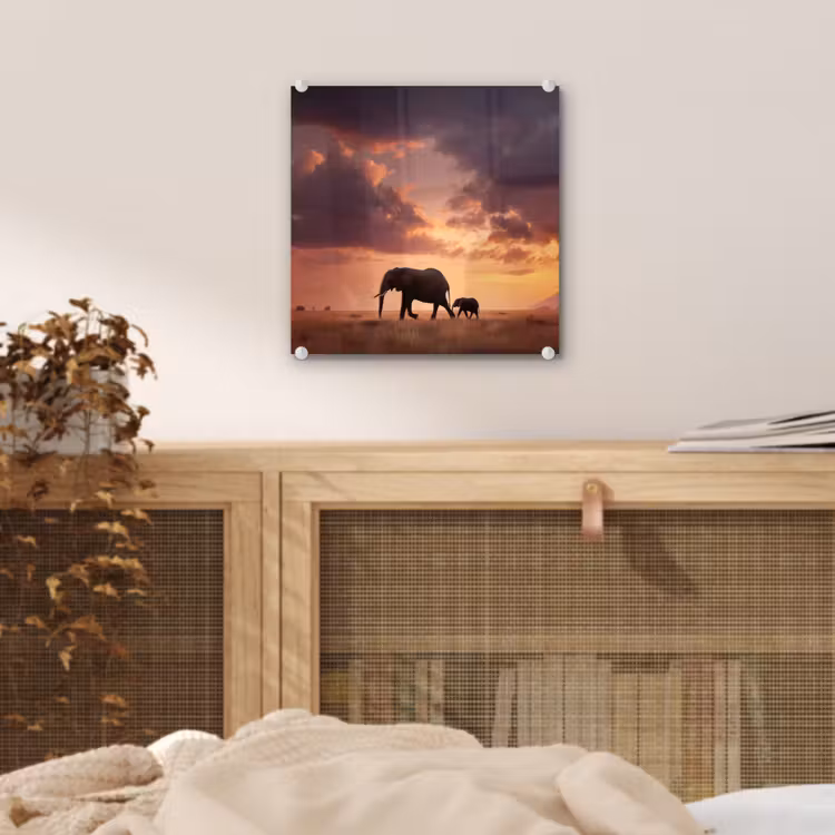 Glas schilderij - Olifanten - Grasland - Zonsondergang — 5
