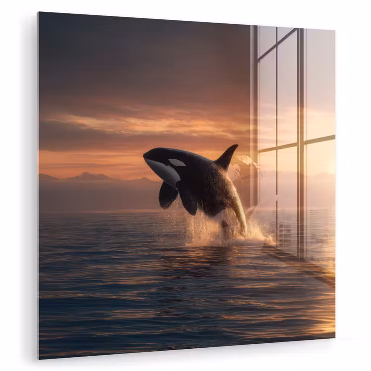 Glas schilderij - Orka Springt bij Zonsondergang