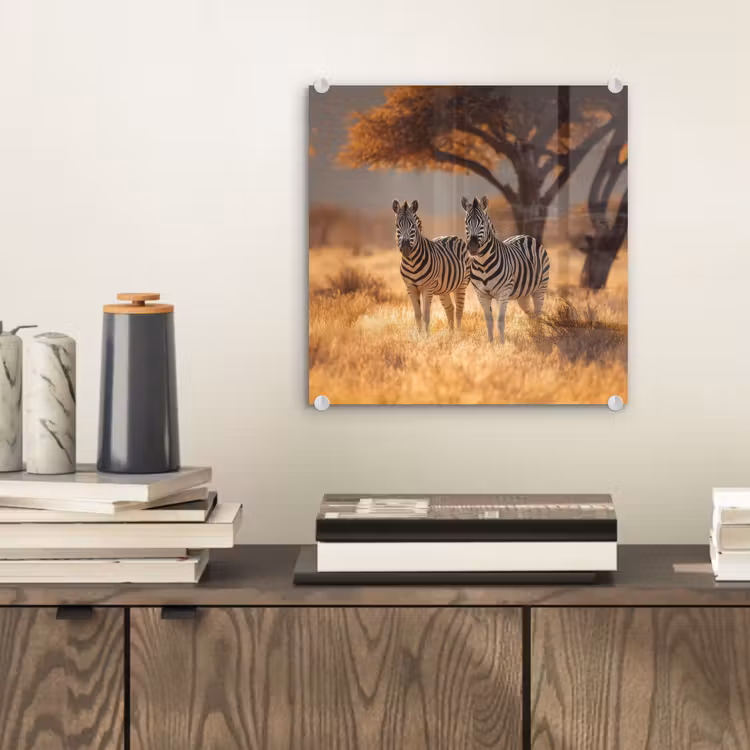 Glas schilderij - Zebra's Savanne Acaciaboom — 2