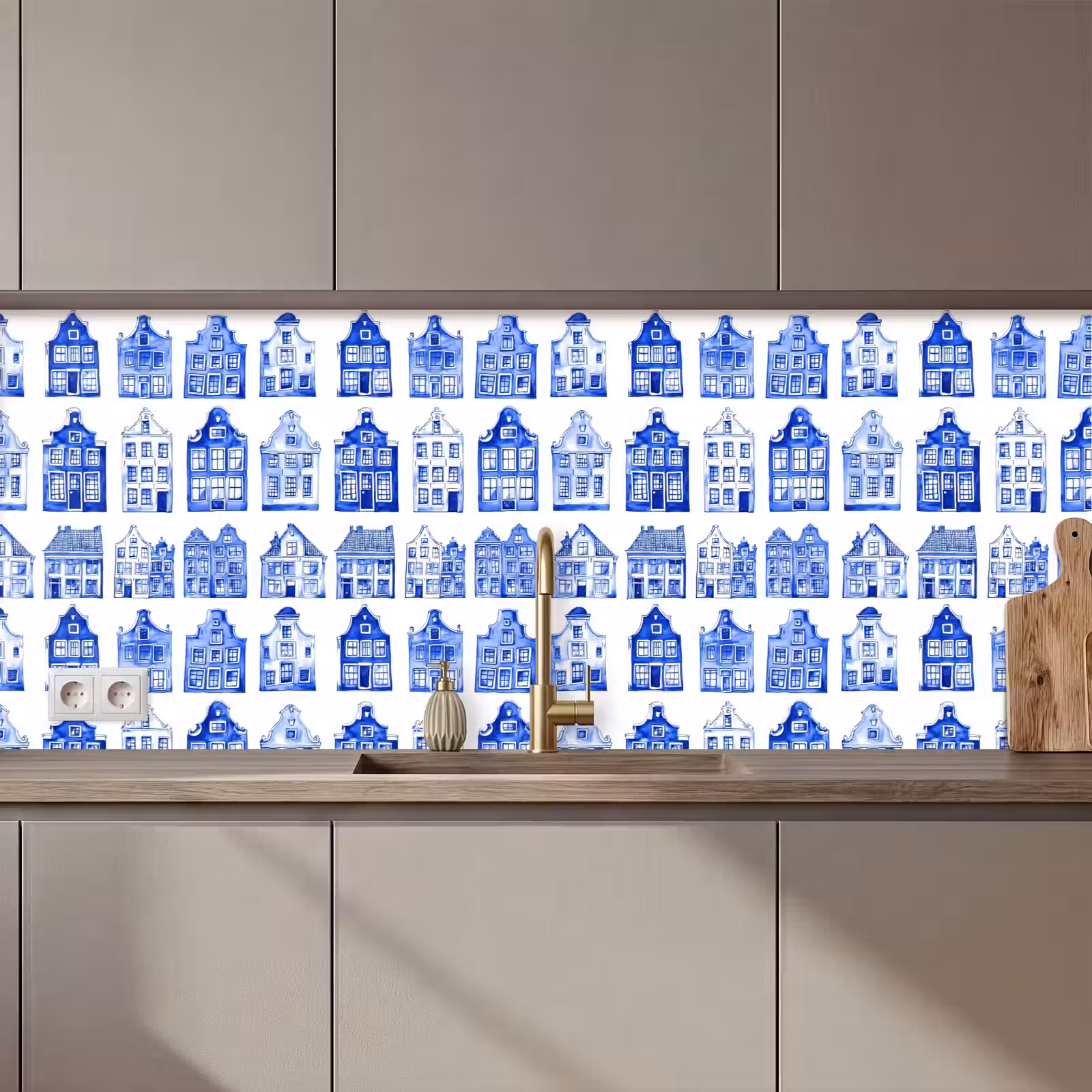 Keuken achterwand - Patroon - Huizen - Blauw — 1