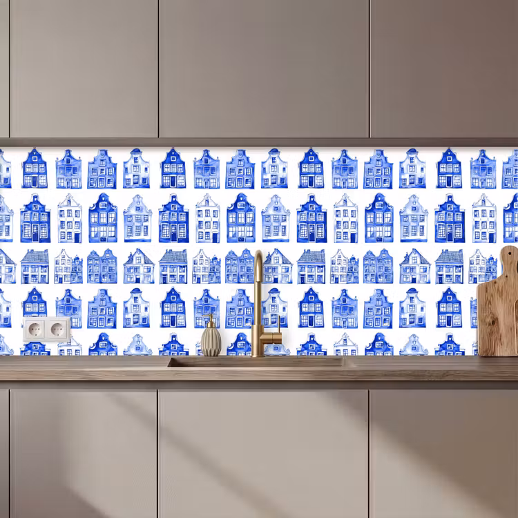 Keuken achterwand - Patroon - Huizen - Blauw — 1