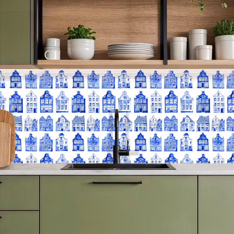 Keuken achterwand - Patroon - Huizen - Blauw — 5