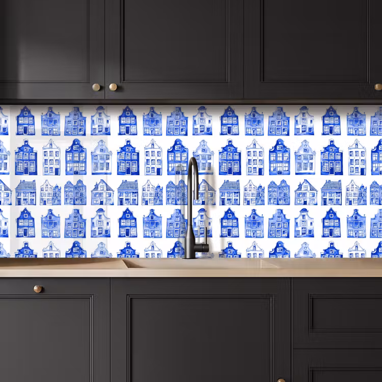 Keuken achterwand - Patroon - Huizen - Blauw — 6