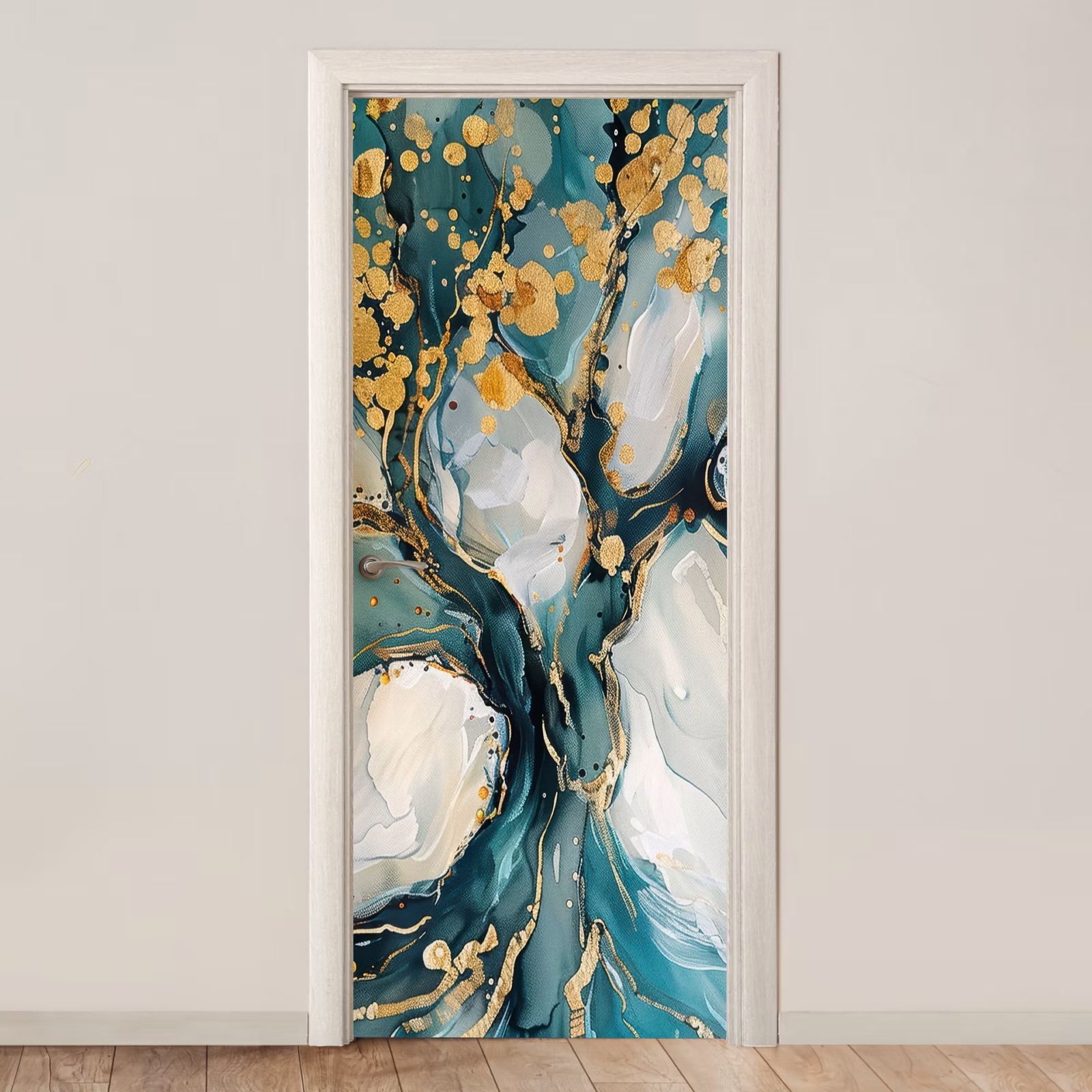 Deursticker - Abstracte Boom Petrol Gouden Spetters — 1