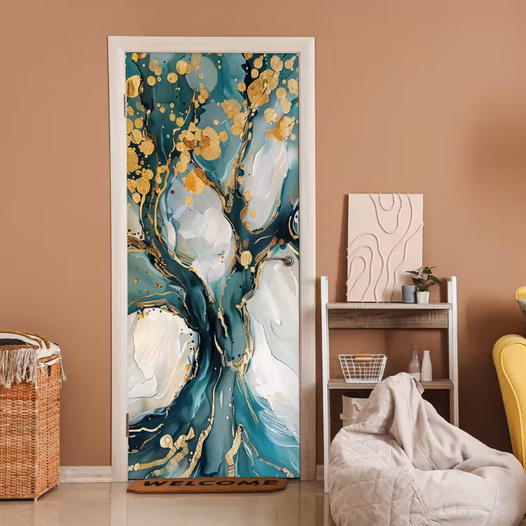 Deursticker - Abstracte Boom Petrol Gouden Spetters — 2