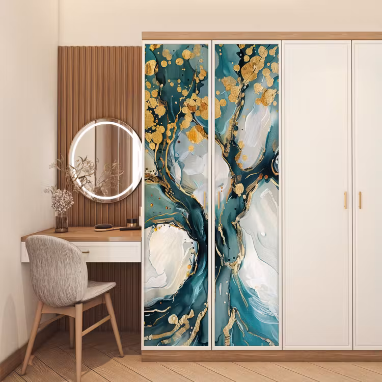 Deursticker - Abstracte Boom Petrol Gouden Spetters — 5