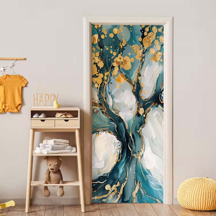 Deursticker - Abstracte Boom Petrol Gouden Spetters — 6