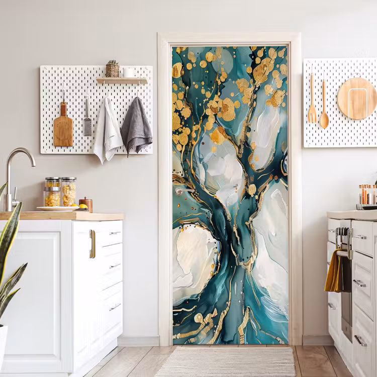 Deursticker - Abstracte Boom Petrol Gouden Spetters — 7