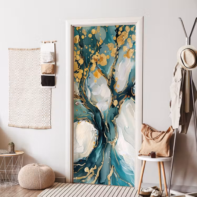 Deursticker - Abstracte Boom Petrol Gouden Spetters — 8