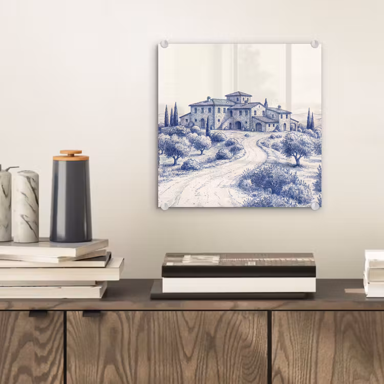 Glas schilderij - Toscaanse Villa Cipressen Blauw — 2