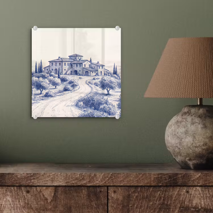 Glas schilderij - Toscaanse Villa Cipressen Blauw — 4